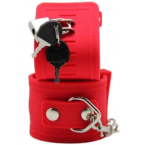 Красные силиконовые наручники с фиксацией и ключиком