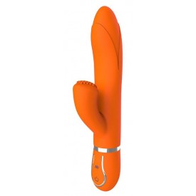 Оранжевый вибратор TENDER TULIP со стимулятором клитора - 22 см.